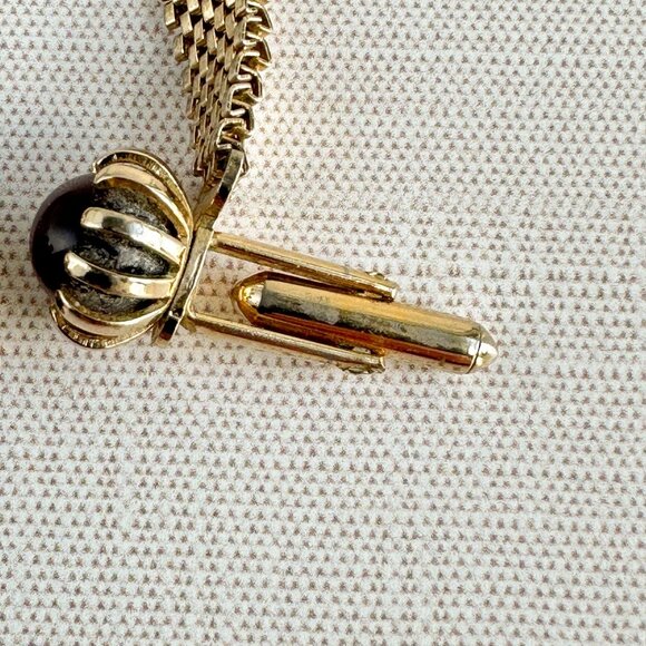 Vintage Mesh Cufflinks Gold Tone Brown Glass Cabochon, Midcentury 1950s 1960s - Picture 5 of 7